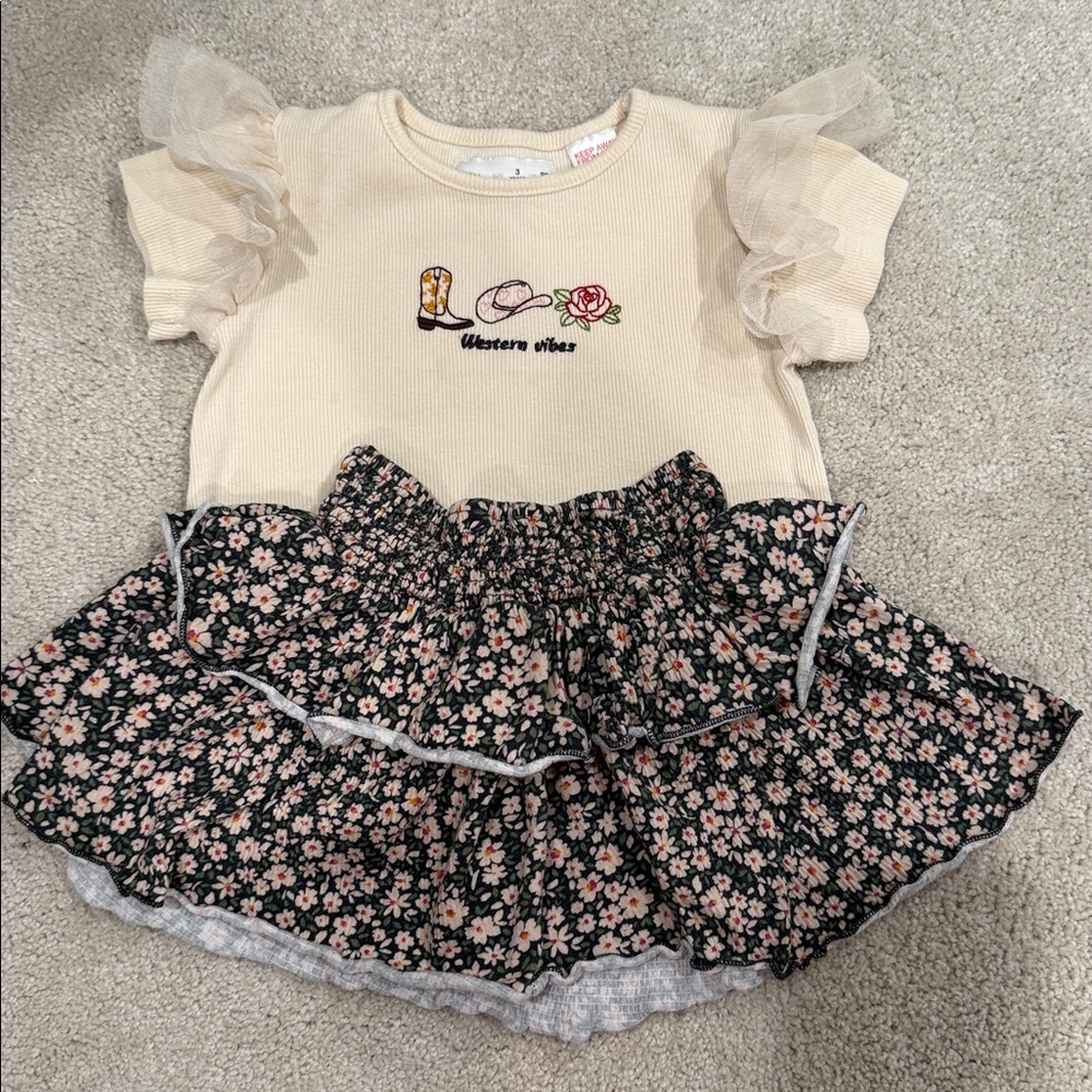Zara Cream Top and Green Floral Skirt Set